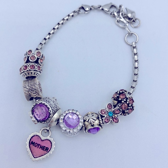 Silver Toned Textured Add-a-Bead Pink Rhinestone, Dangling Mother Bead Bracelet - Picture 1 of 6